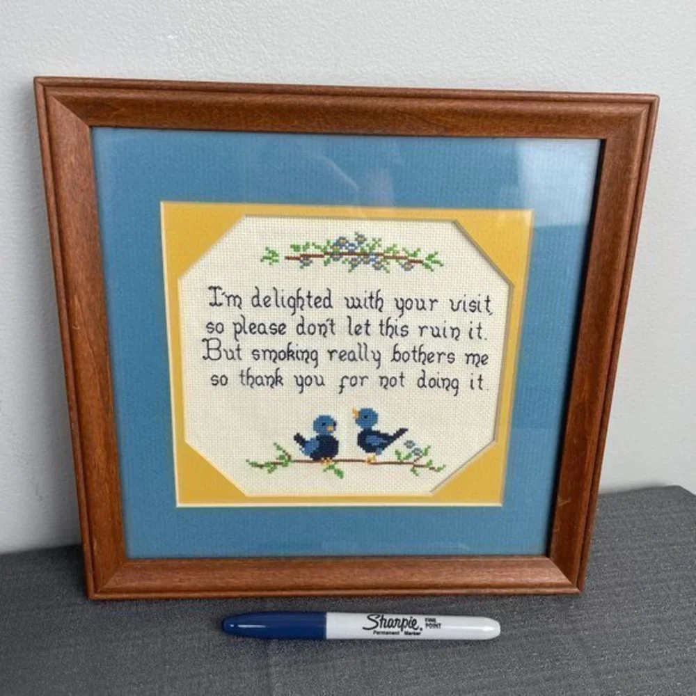 Finished Framed Cross‎ Stitch Anti-Smoking Blue Birds 10 x 10